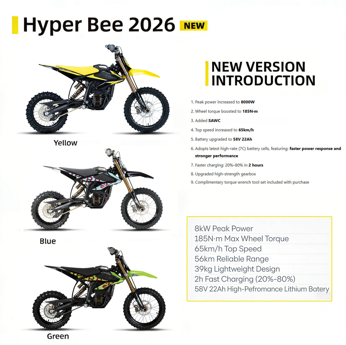 2026 Hyper Bee Electric Dirt Bike 8KW Off-Road Motorcycle 65KM/h High-Speed Racing E-Bike