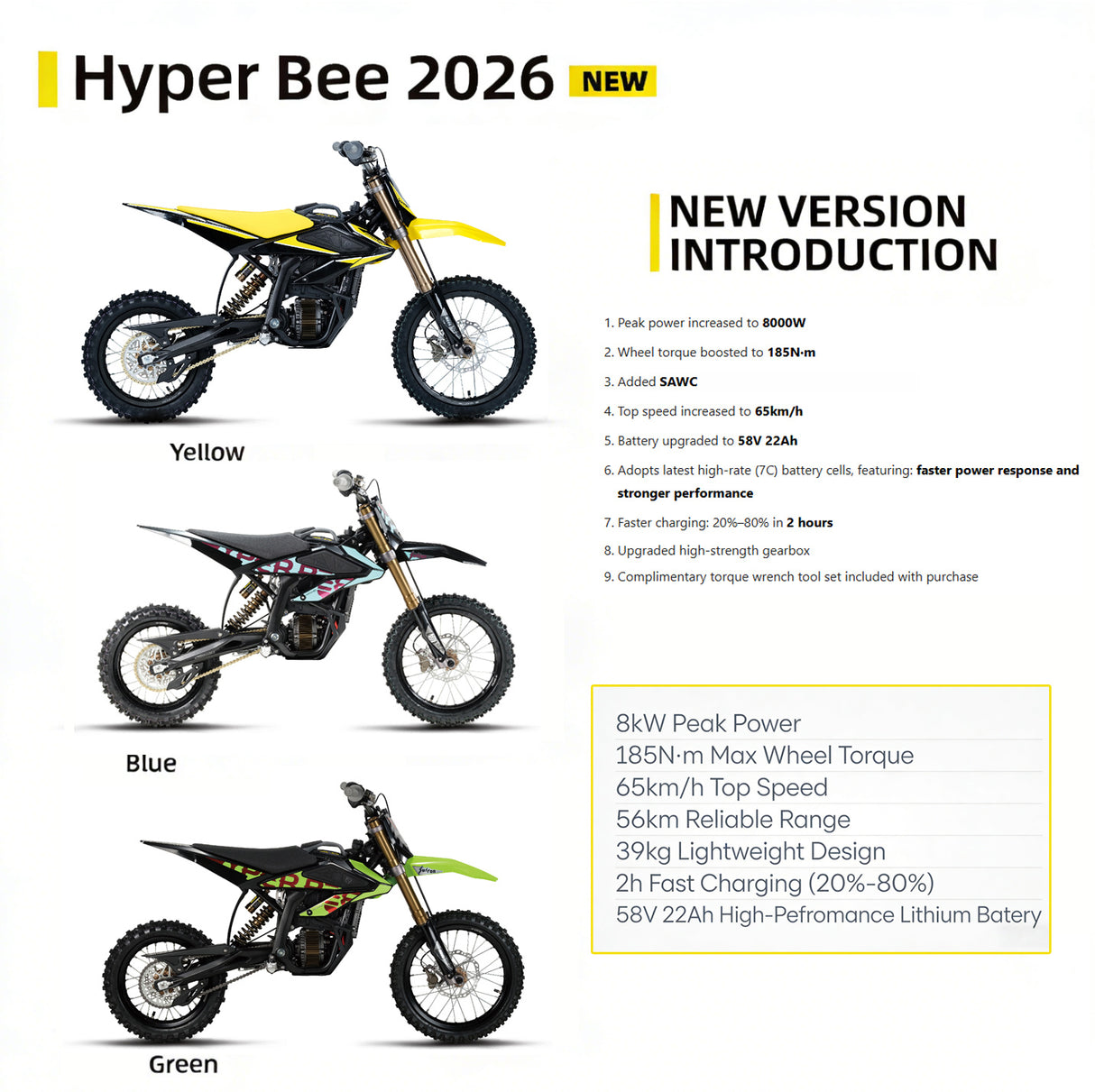 2026 Hyper Bee Electric Dirt Bike 8KW Off-Road Motorcycle 65KM/h High-Speed Racing E-Bike